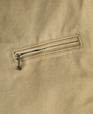 Washed khaki duck canvas Cossack jacket flap pocket with drawcord