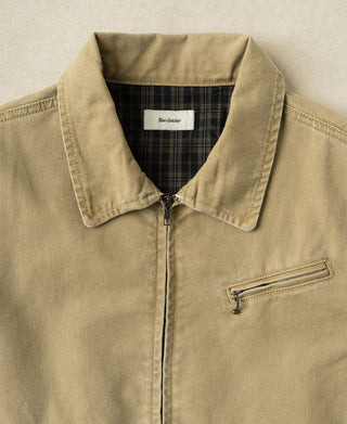 Structured collar detail of the Washed Khaki A-2 Moleskin Bomber Jacket with clean stitching finish