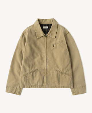 Washed khaki duck canvas cossack jacket, stand collar, zip front, flap chest pockets