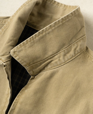 Washed khaki duck canvas Cossack jacket with stand collar and zipper