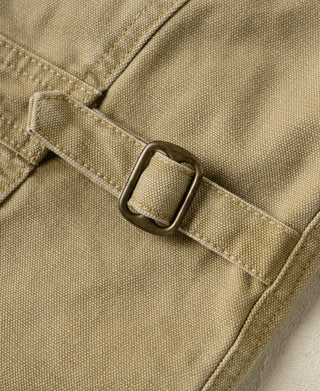 Back waist adjustment strap with metal buckle detail on the Washed Khaki A-2 Moleskin Bomber Jacket