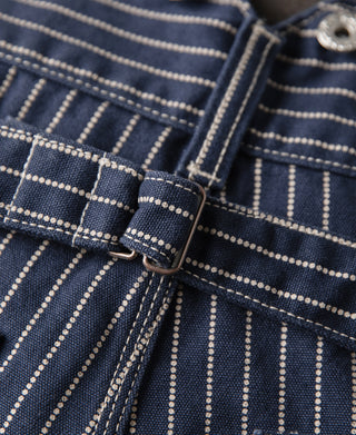 back buckle detail of Indigo Wabash Stripe Work Trousers