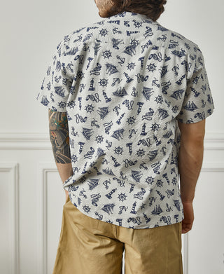back view of Nautical Printed Seersucker Short Sleeve Camp Shirt