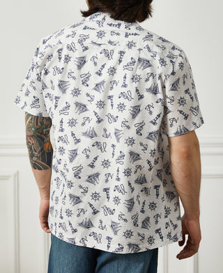 back view of Nautical Printed Seersucker Short Sleeve Camp Shirt