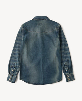 back view of Slim Fit Wabash Striped Indigo Western Shirt