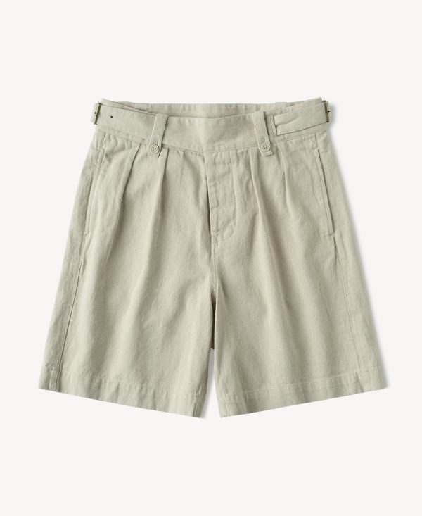 Natural cotton-linen Gurkha shorts with pleated front and button tab closure