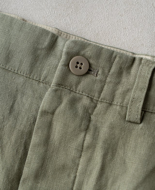 button detail of 1940s Double-Pleated Pure Hemp Pants in Olive