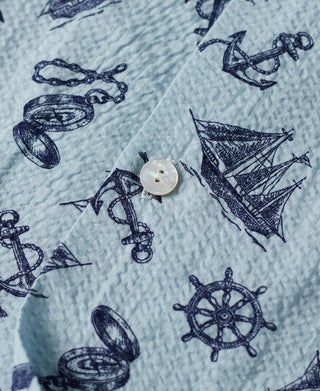 button detail of Nautical Printed Seersucker Short Sleeve Camp Shirt