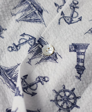 button detail of Nautical Printed Seersucker Short Sleeve Camp Shirt