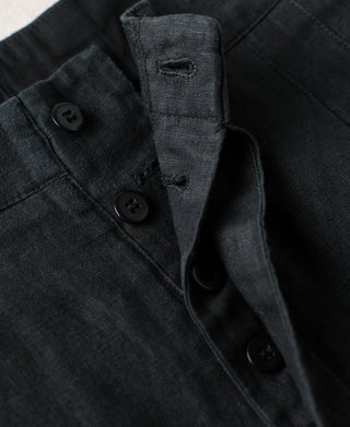 button fly detail of 1940s Double-Pleated Pure Hemp Pants in Black