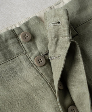 button fly detail of 1940s Double-Pleated Pure Hemp Pants in Olive