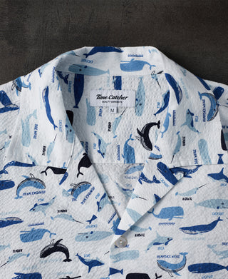 camp collar of Marine Life Printed Seersucker Short Sleeve Camp Shirt