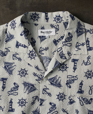 camp collar of Nautical Printed Seersucker Short Sleeve Camp Shirt