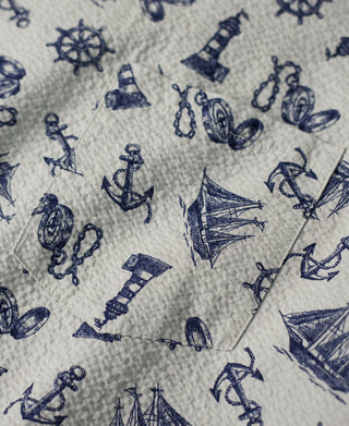 chest patch pocket of Nautical Printed Seersucker Short Sleeve Camp Shirt