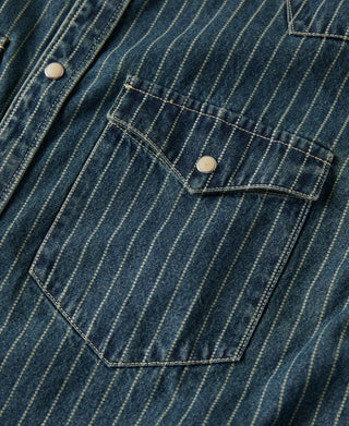 chest snapped pocket of Slim Fit Wabash Striped Indigo Western Shirt