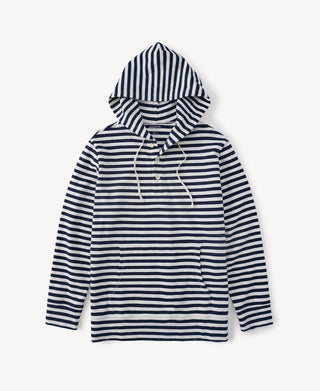 Classic Fit Breton Stripe Cotton Jersey Hoodie in Navy White Striped
