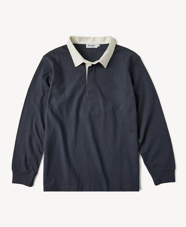 Navy long-sleeve jersey rugby shirt with cream collar and button placket
