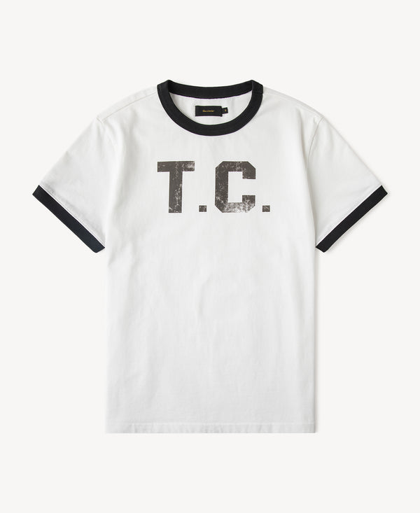 White cotton ringer T-shirt with black collar and cuffs, T.C. logo front print