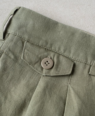 coin pocket detail of 1940s Double-Pleated Pure Hemp Pants in Olive