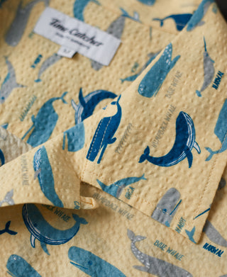 collar detail of Marine Life Printed Seersucker Short Sleeve Camp Shirt