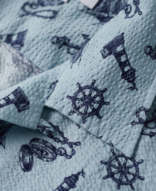 collar detail of Nautical Printed Seersucker Short Sleeve Camp Shirt