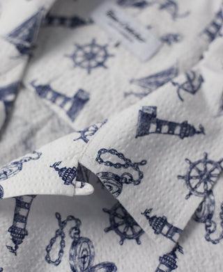 collar detail of Nautical Printed Seersucker Short Sleeve Camp Shirt