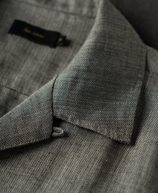 Collar Detail of Relaxed Ramie Herringbone Cuban Shirt