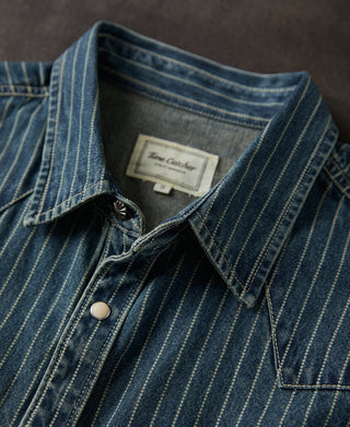 collar detail of Slim Fit Wabash Striped Indigo Western Shirt