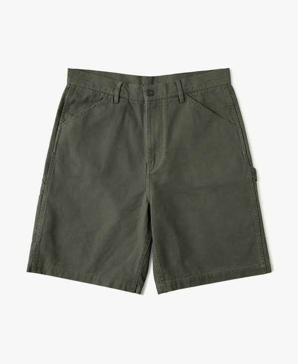 Sage green duck canvas carpenter cargo shorts with belt loops and front pockets