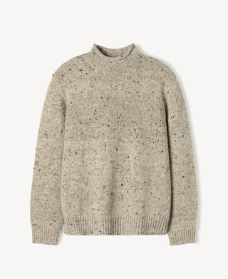 Ecru speckled pure wool roll-neck fisherman sweater with long sleeves