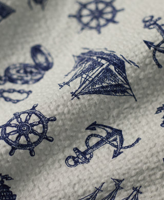 fabric texture of Nautical Printed Seersucker Short Sleeve Camp Shirt