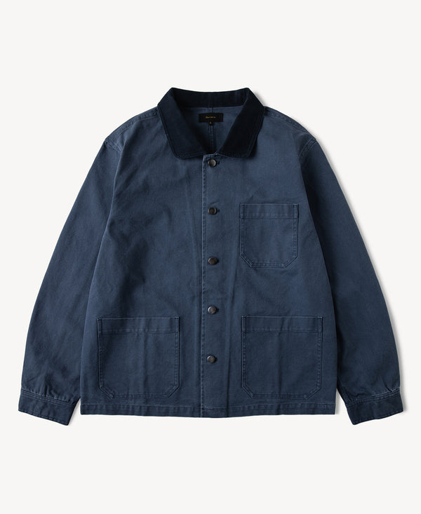 Navy chore jacket with button-front and chest pockets, dark collar