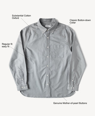 Gray oxford button-down dress shirt with long sleeves, button collar, chest pocket