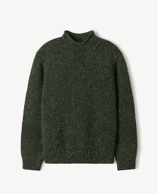 Dark green pure wool roll-neck fisherman sweater with ribbed hem and cuffs