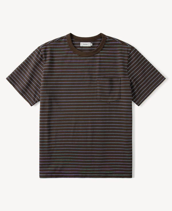 Men's coffee striped heavyweight pocket T-shirt with crew neck