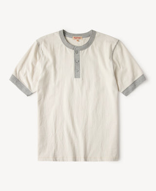 Heavyweight Cotton Tubular Short-Sleeve Henley Shirt in Ivory / Gray
