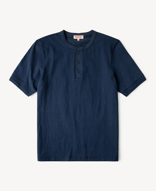 Heavyweight Cotton Tubular Short-Sleeve Henley Shirt in Navy