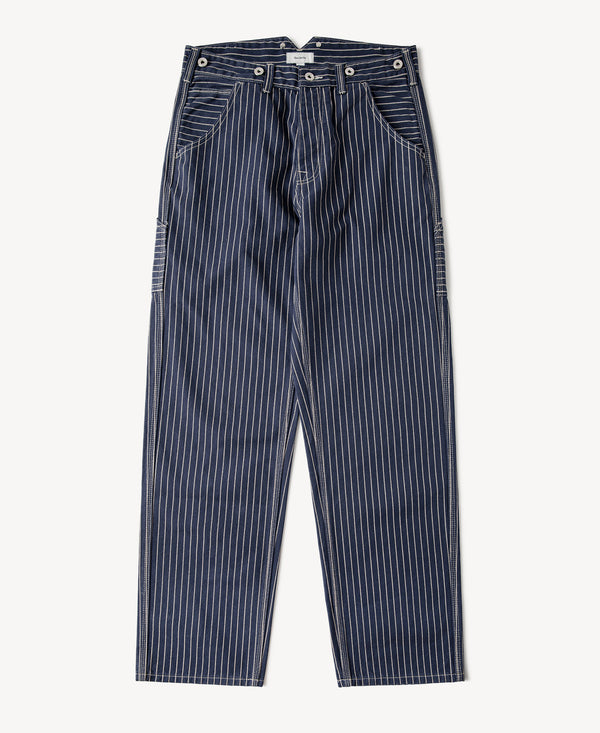 Indigo pinstripe work trousers flat lay with button waistband and pleats