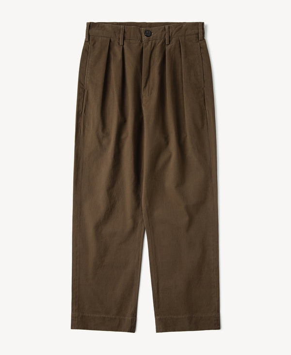 Brown chino pants with two pleats, button closure, and belt loops, straight leg