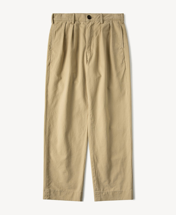 Khaki two-pleated chino pants with button waistband and straight legs
