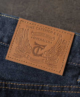 leather label of 1955 Classic Biker Selvedge Denim Jeans