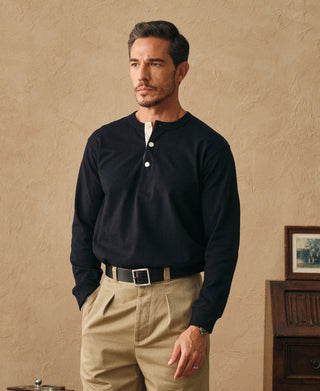 lifestyle shot of 1930s Loopwheel Cotton Henley Shirt