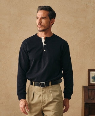 lifestyle shot of 1930s Loopwheel Cotton Henley Shirt