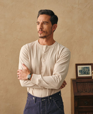 lifestyle shot of 1930s Loopwheel Cotton Henley Shirt