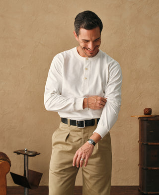 lifestyle shot of 1930s Loopwheel Cotton Henley Shirt