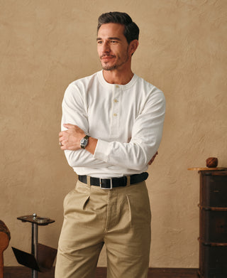 lifestyle shot of 1930s Loopwheel Cotton Henley Shirt