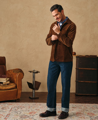 lifestyle shot of 1940s French Corduroy Chore Coat