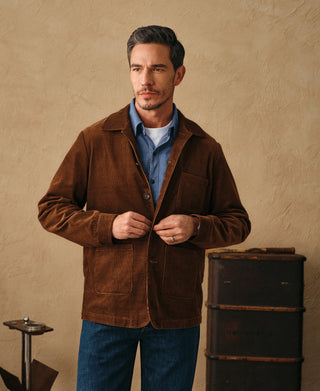 lifestyle shot of 1940s French Corduroy Chore Coat
