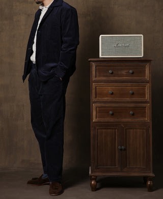 lifestyle shot of 1940s French Indigo Corduroy Chore Coat