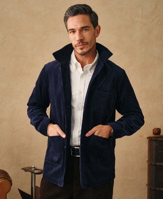 lifestyle shot of 1940s French Indigo Corduroy Chore Coat